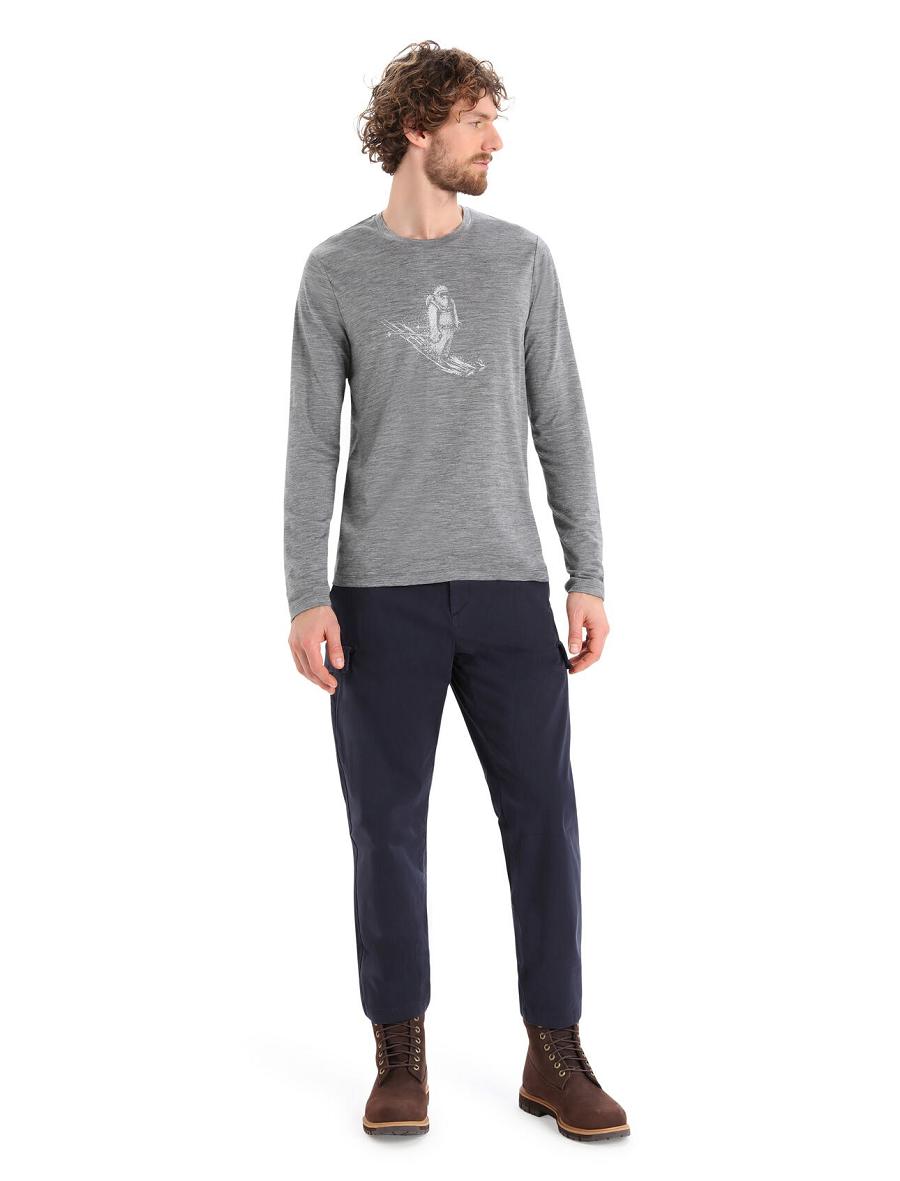 Men's Icebreaker Merino Tech Lite II T-Shirt Skiing Yeti Long Sleeve Gritstone Heather | CA 1720SGLO